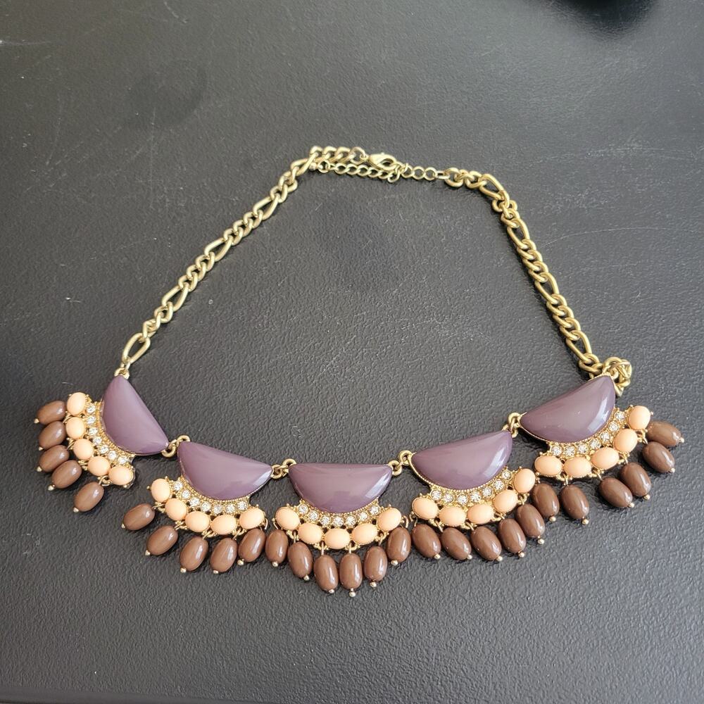 Vintage y2k Brown Pink Bib Necklace Rhinestone Gold Whimsy Boho Chic‎ Cottage